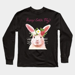 Cute Pink Bunny Rabbit Funny Hipster Easter Long Sleeve T-Shirt